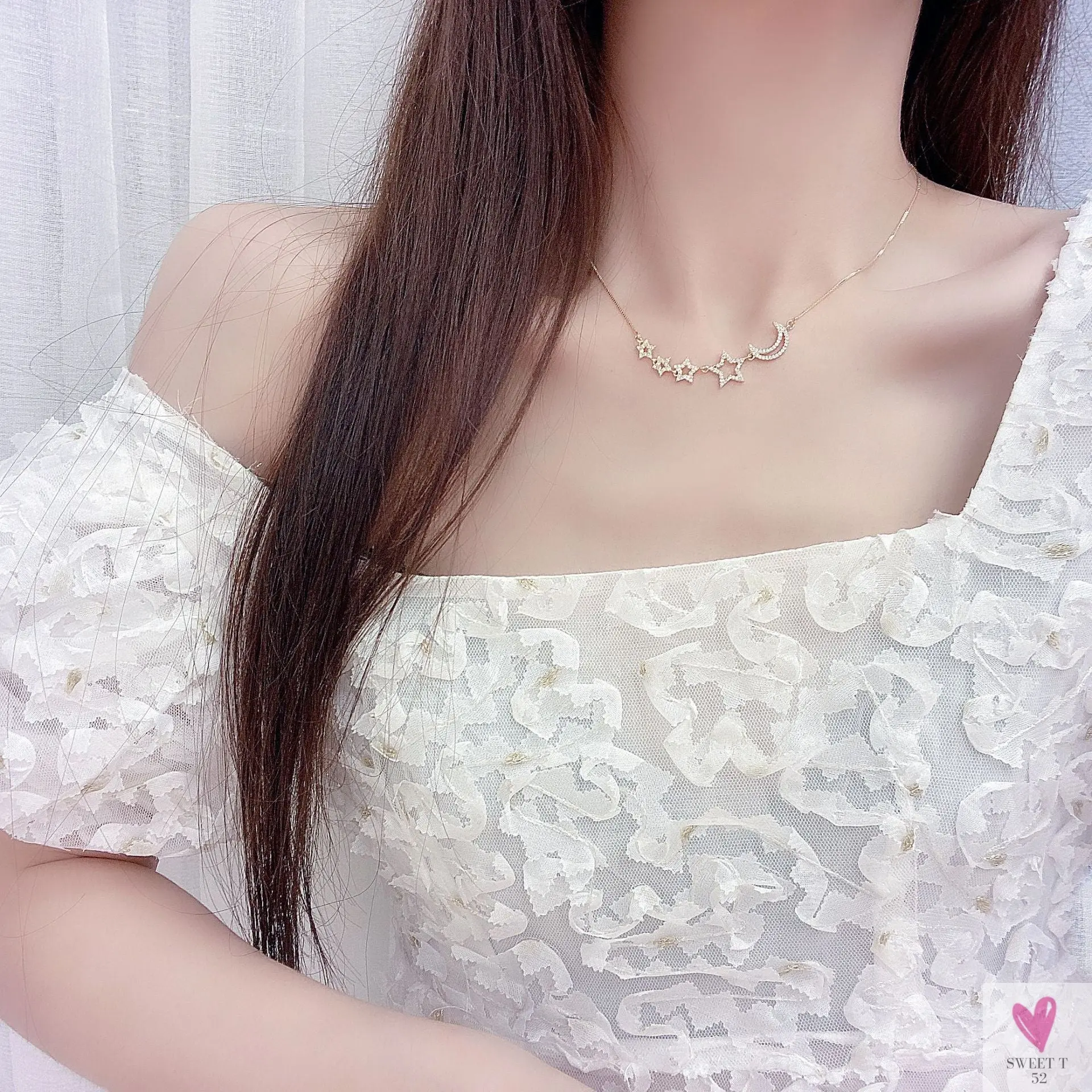 14k Gold Plated Pierced Zircon Star/Moon Necklace for Women and Girls - Shiny Chain Pendant Jewelry