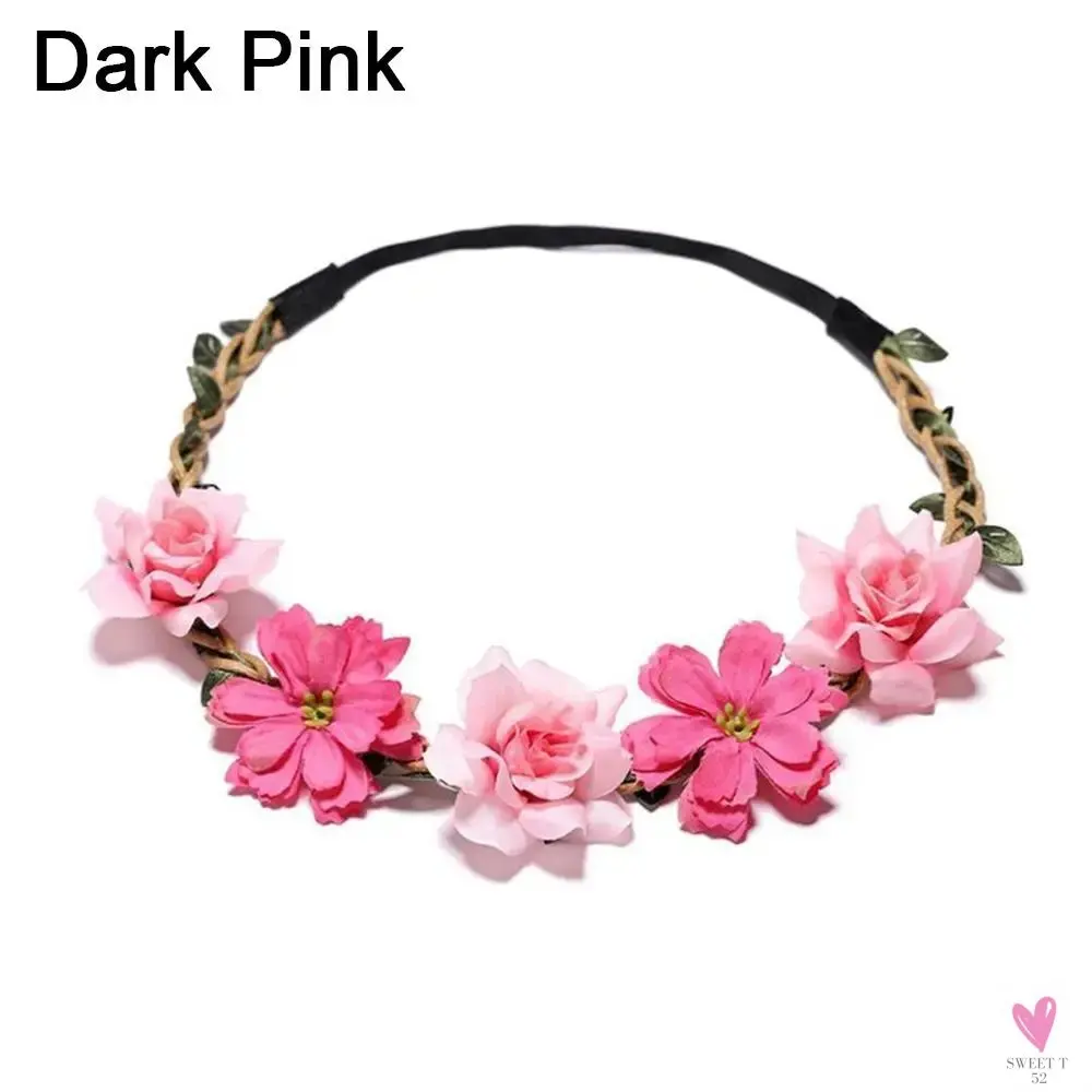 Rustic Wedding/Bridesmaid Hair Accessories - 1 pc Women's Floral Wreath, Pink Rose Flower Garland Headpiece with Adjustable Ribbon