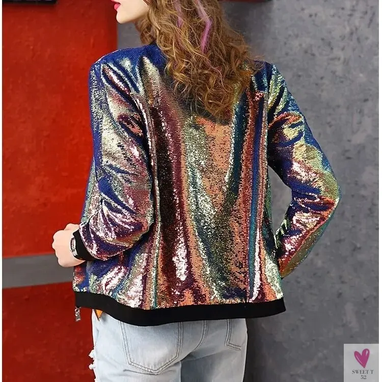 Hip Hop Sequined Night Club Jacket, Rainbow Gradient Patchwork, Round Neck, Long Sleeved Jacket for Women and Girls
