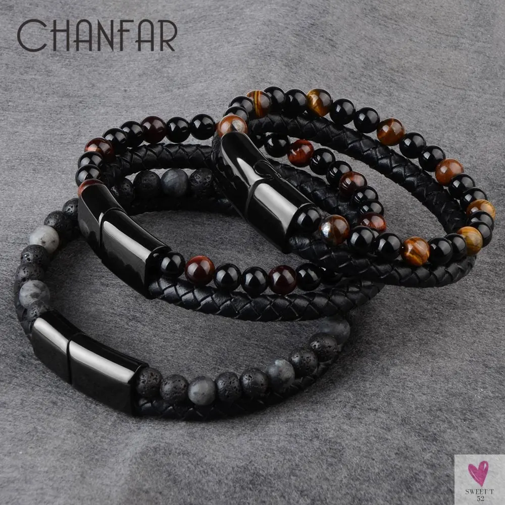 Round/Natural Stone/Genuine Leather/Tiger Eye Beads Bracelet for Men and Women with Magnetic Stainless Steel Clasp