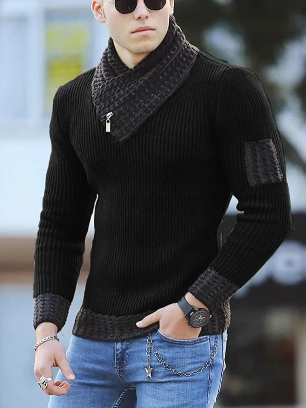 Men's High Collar Long Sleeve Sweater, Trendy Color-Block Knitted Shirt, Casual Wear, Comfortable and Soft
