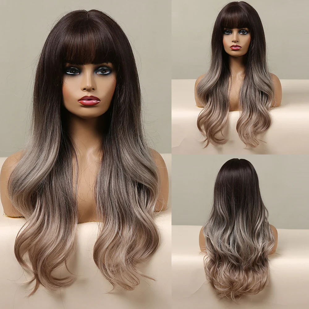 Long Wavy Synthetic Wigs, Long Wavy Ombre Wigs with Bangs for Women, Heat Resistant