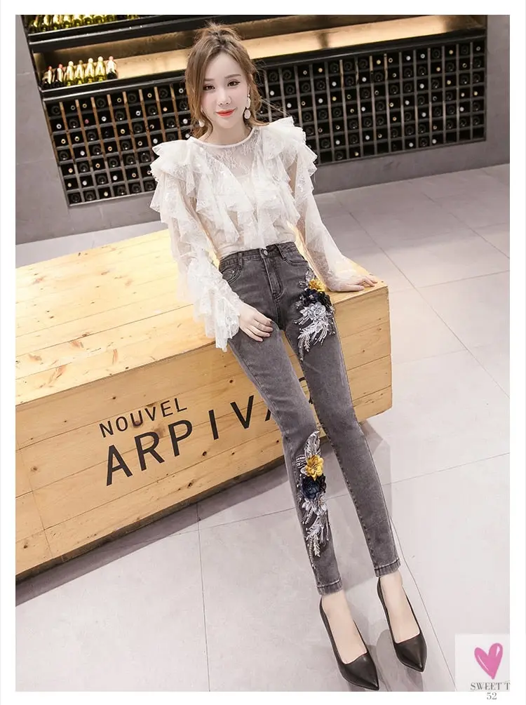Women's Flower Embroidered Straight leg Jeans - Female Casual Pencil Pants, Straight Leg Jeans
