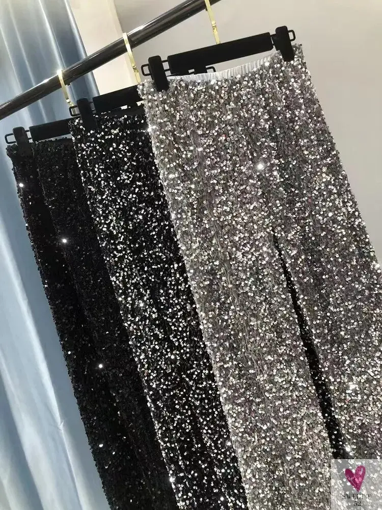 Sequined Wide Leg Trousers - Shiny Full Length Straight Women's Elastic Waist, High Street 2023 Fashions