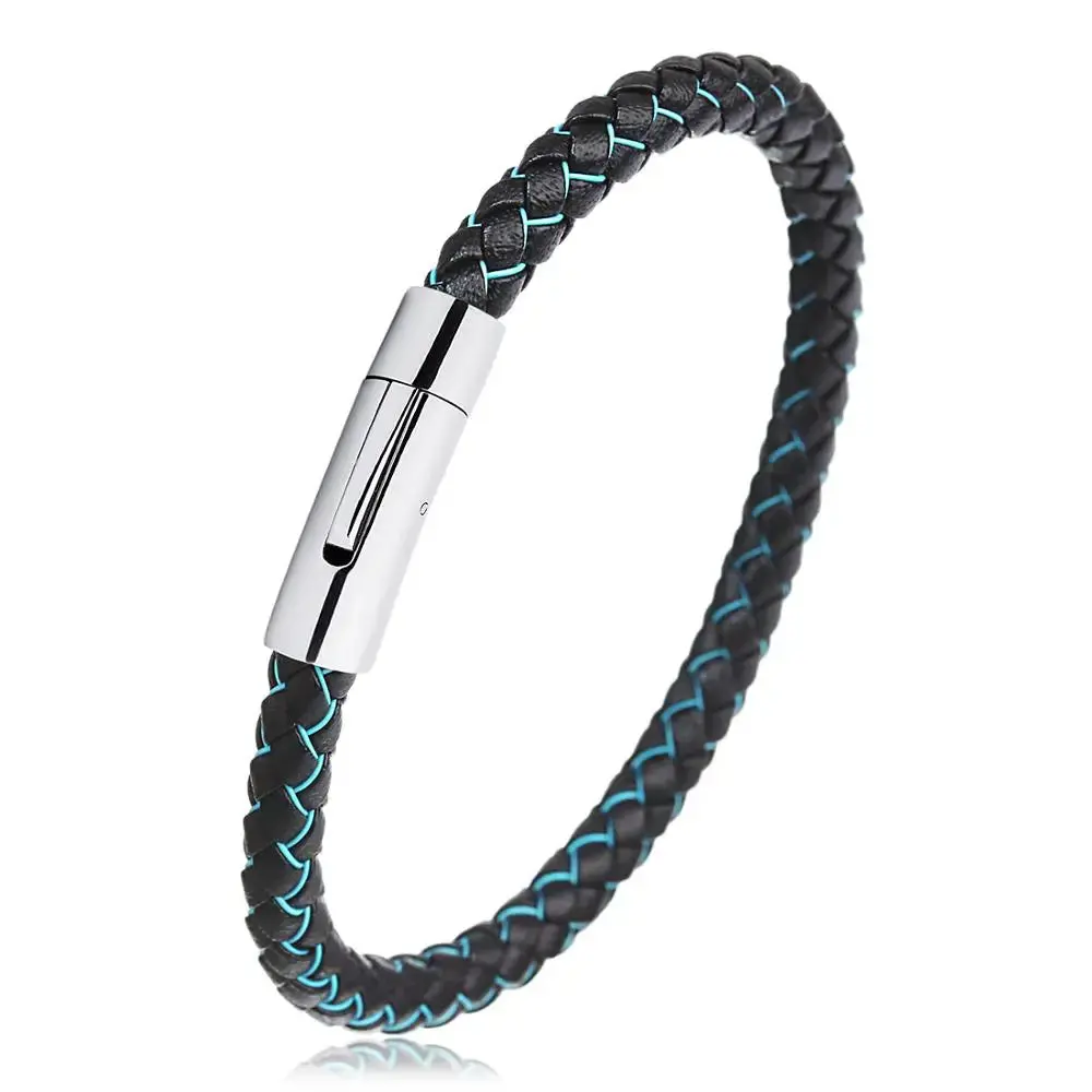 Men's Multicolor Stainless Steel Button Leather Bracelet - Braided Leather, Magnetic Clasp. Chain Link Type.