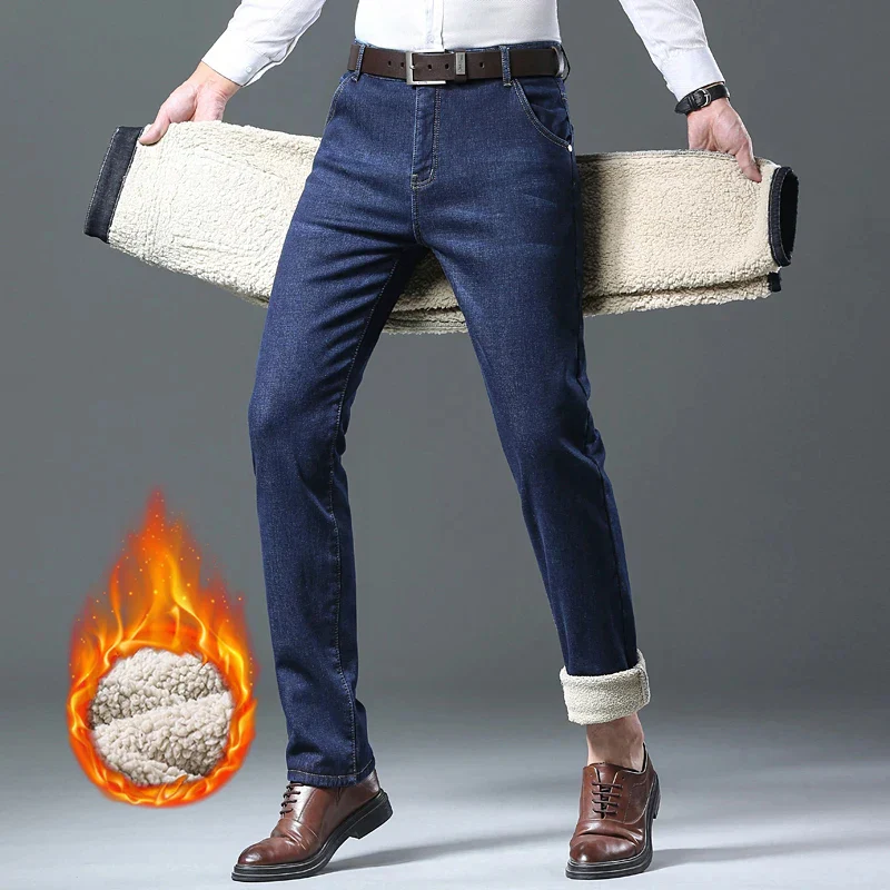 Men's Fleece Thick Sherpa Jeans, Business Casual, Straight Denim Pants, Male Wool Plush Classic Stretch Trousers