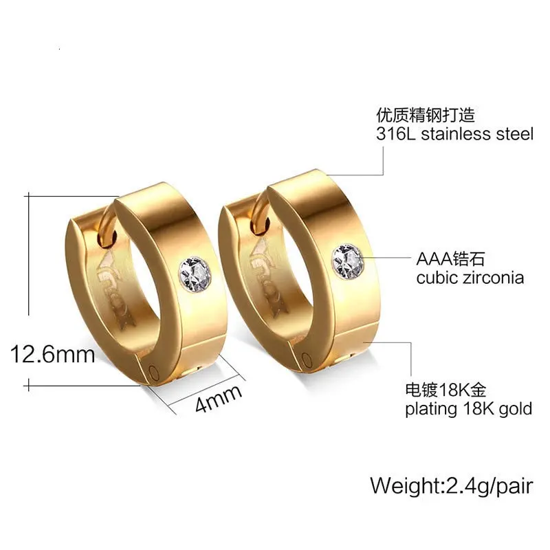 Cute Hoop Earrings in Stainless Steel and Crystal, Ear Cuffs, Brincos Huggie Jewelry for Men and Women