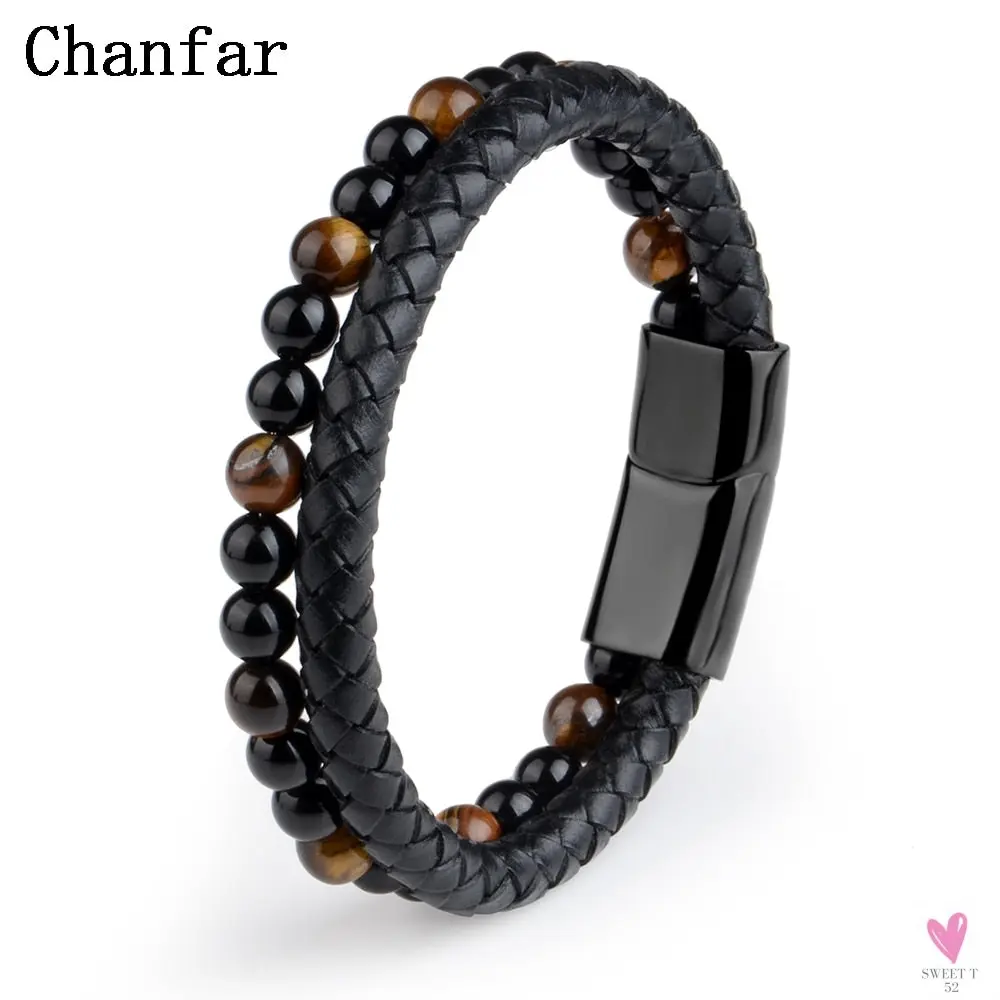 Round/Natural Stone/Genuine Leather/Tiger Eye Beads Bracelet for Men and Women with Magnetic Stainless Steel Clasp