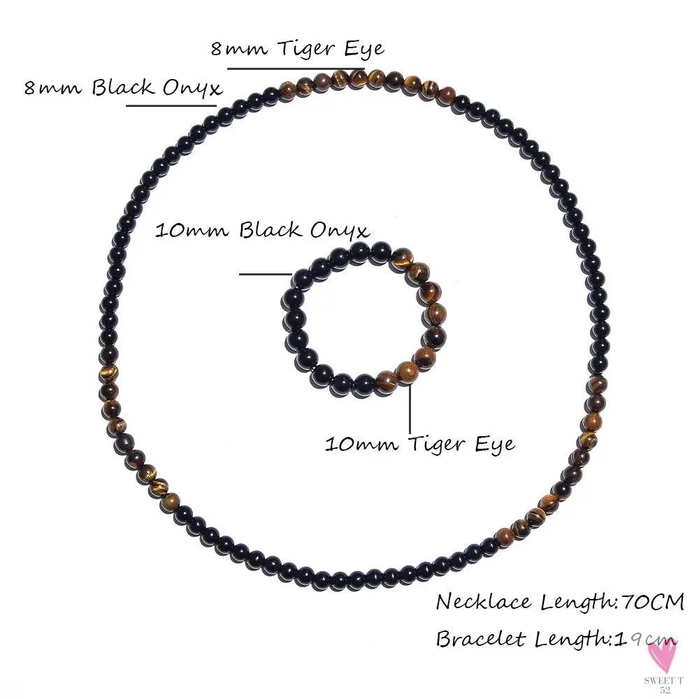 8 mm Yellow Tiger Eye Black Onyx Beaded Necklace for Men & Women - Choker or Long Necklace Jewelry Set