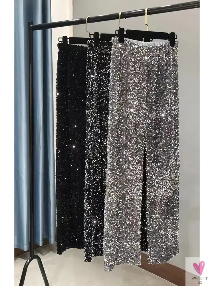 Sequined Wide Leg Trousers - Shiny Full Length Straight Women's Elastic Waist, High Street 2023 Fashions