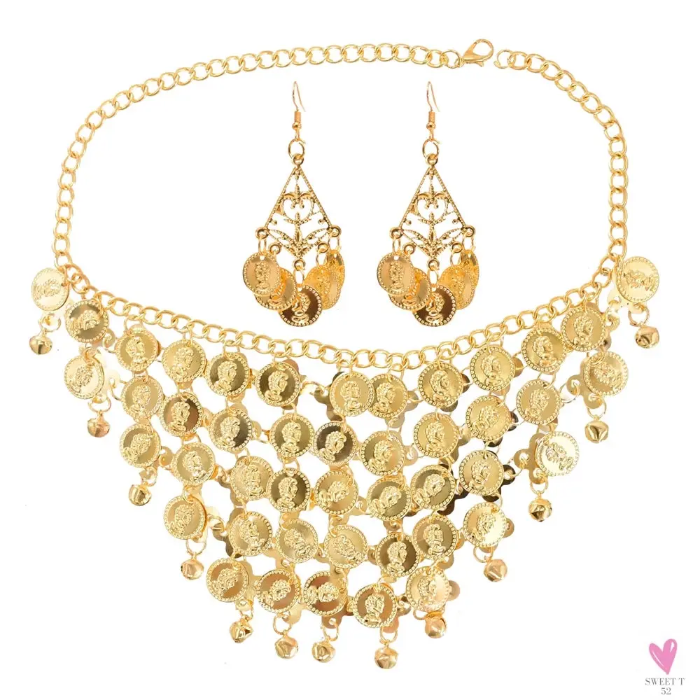 Indian Jewelry Set - Golden Alloy Portrait Coin Bell Tassel Choker Necklace/Earrings for Women
