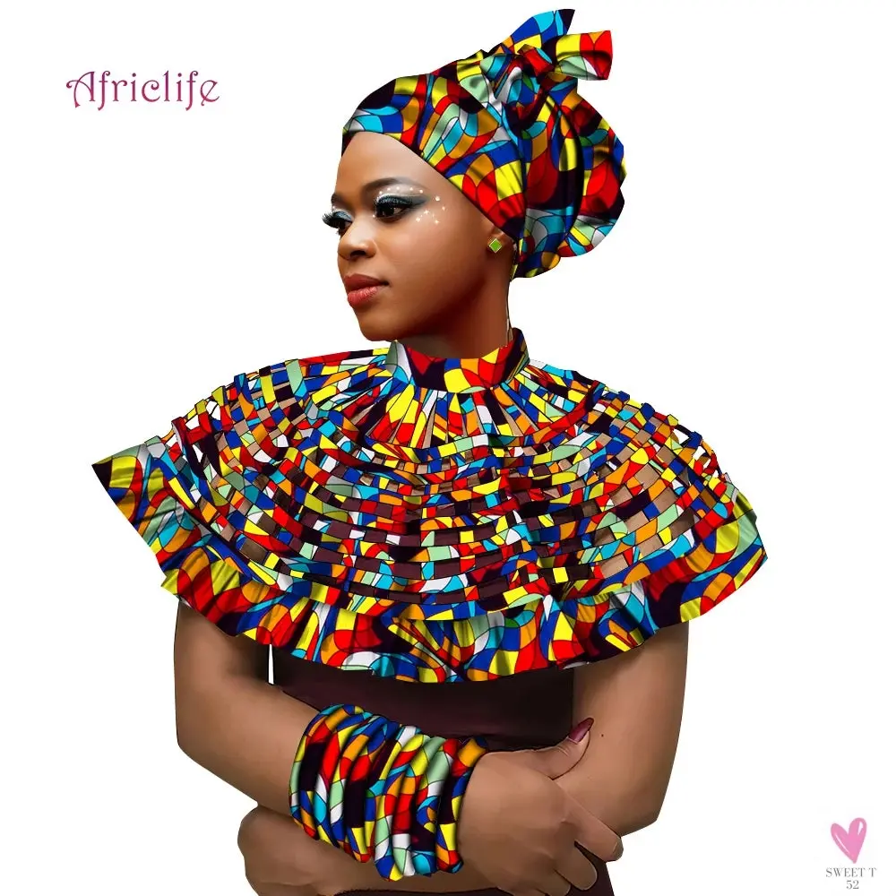 African Ankara Shawl Collar for Women & Girls - Multi Strand Net Necklace, 1 Headband and 10 Bracelets