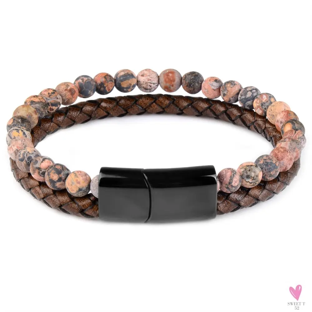 Round/Natural Stone/Genuine Leather/Tiger Eye Beads Bracelet for Men and Women with Magnetic Stainless Steel Clasp
