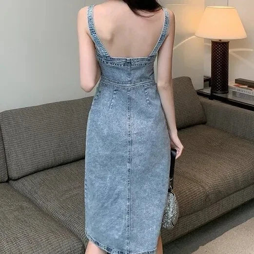 Denim Dress Women 2025 Summer. New Retro Casual All-match Denim Slip Dresses, Female, Single Breasted Long Suspender Skirt