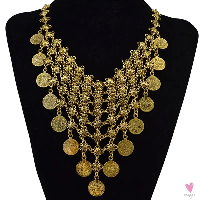 Turkish Gypsy Bib Coins Tassel/Choker Necklace and Dangle Earrings for Women