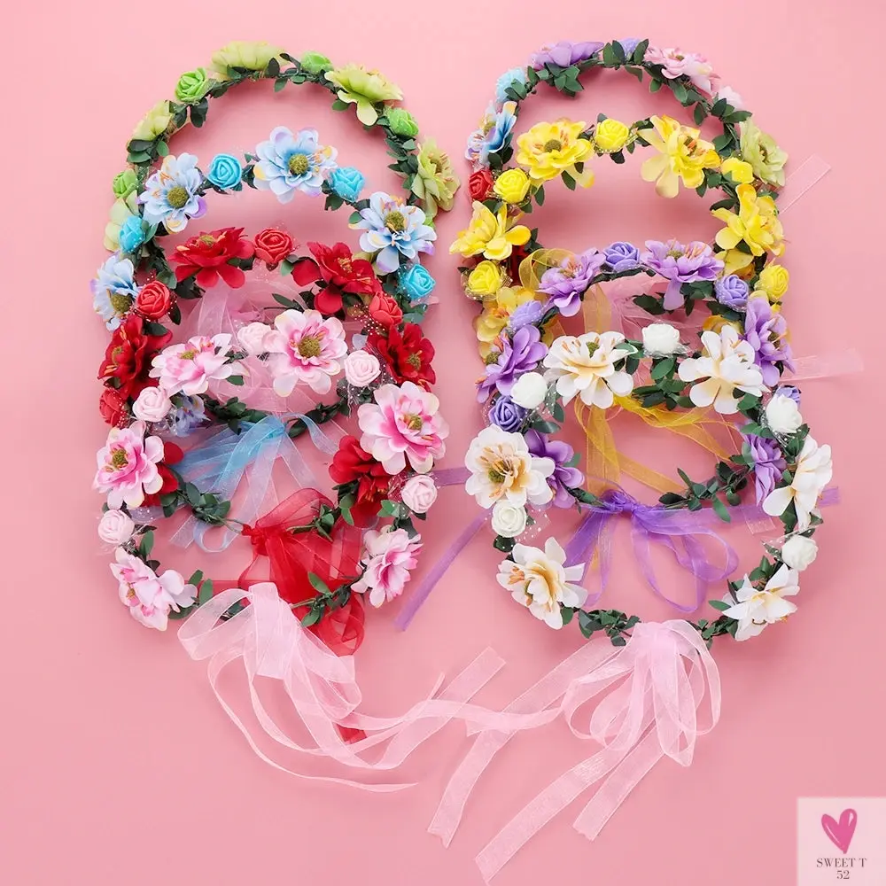 Rustic Wedding/Bridesmaid Hair Accessories - 1 pc Women's Floral Wreath, Pink Rose Flower Garland Headpiece with Adjustable Ribbon