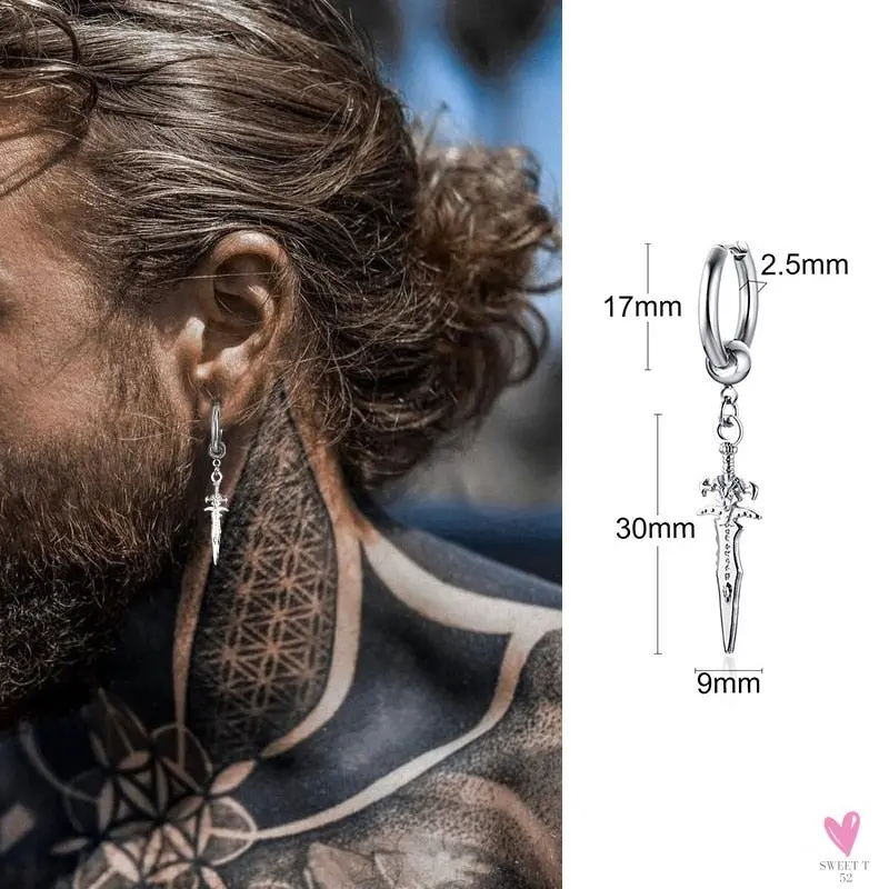 Cool Single Silver Stainless Steel Hoop Dagger Earring for Men & Boys