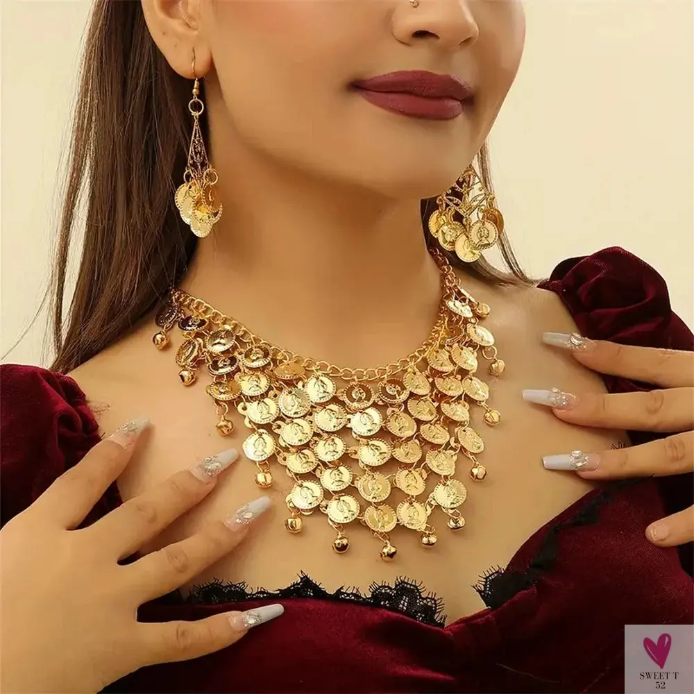 Indian Jewelry Set - Golden Alloy Portrait Coin Bell Tassel Choker Necklace/Earrings for Women