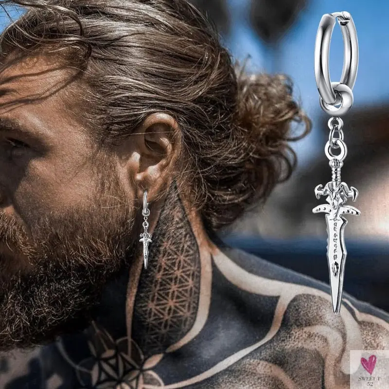 Cool Single Silver Stainless Steel Hoop Dagger Earring for Men & Boys