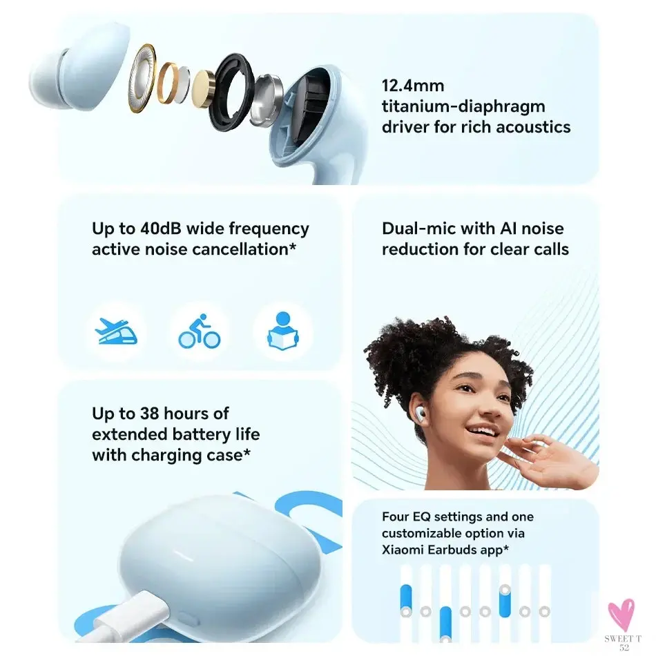 Wireless Bluetooth Earphones - 100% Original Xiaomi Redmi Buds 6 Lite Youth Version Two Earphones, 40Db Noise Cancellation