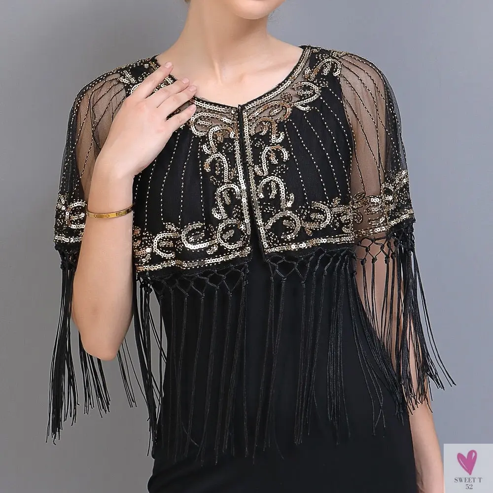 Women's Vintage 1920s Shawl - Beaded/Sequin/Fringe Flapper Bolero, Sheer Floral Embroidery Fancy Cover Up