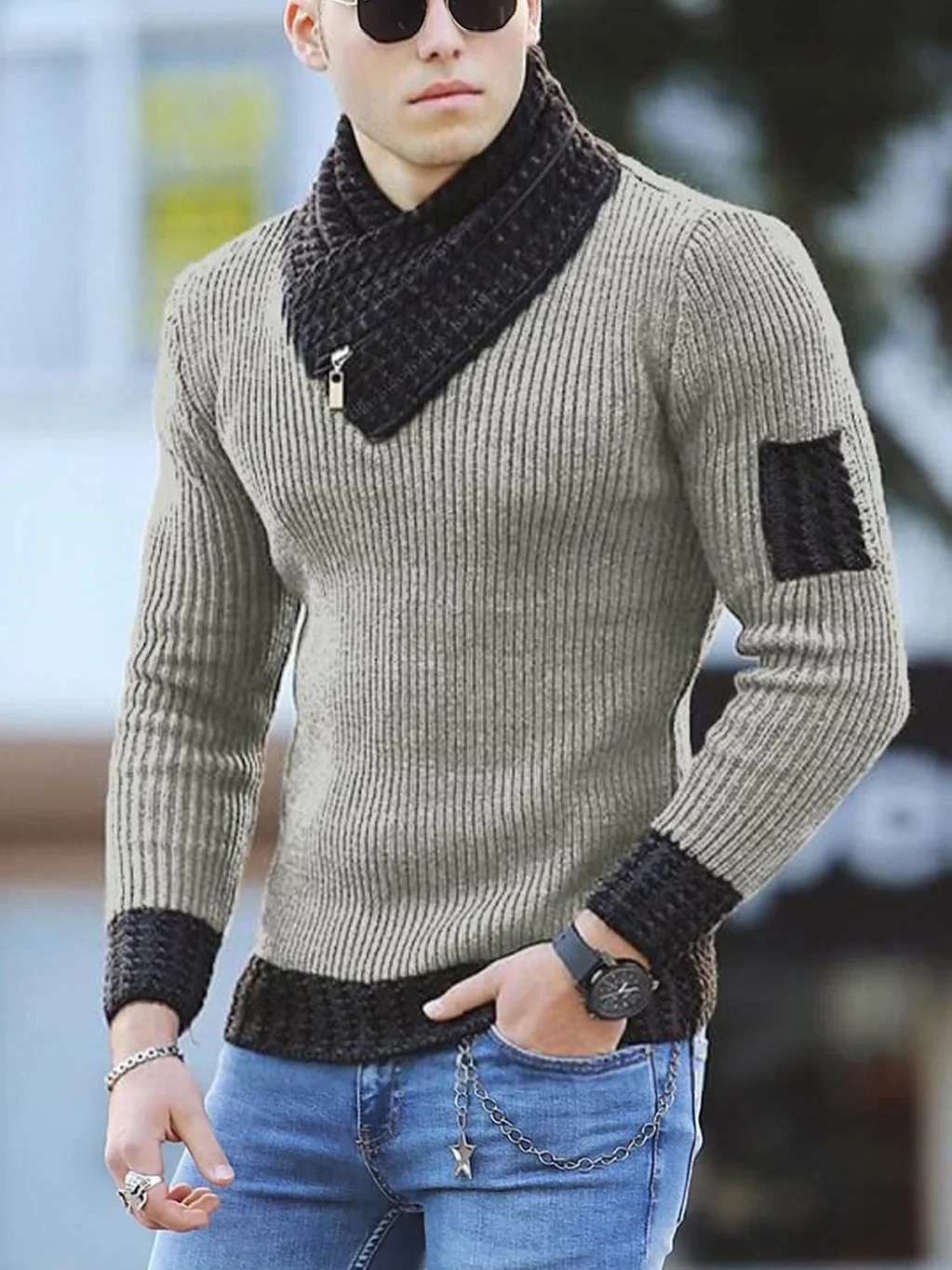 Men's High Collar Long Sleeve Sweater, Trendy Color-Block Knitted Shirt, Casual Wear, Comfortable and Soft