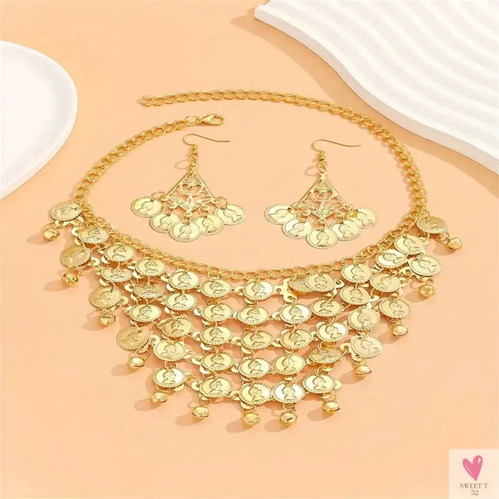 Indian Jewelry Set - Golden Alloy Portrait Coin Bell Tassel Choker Necklace/Earrings for Women