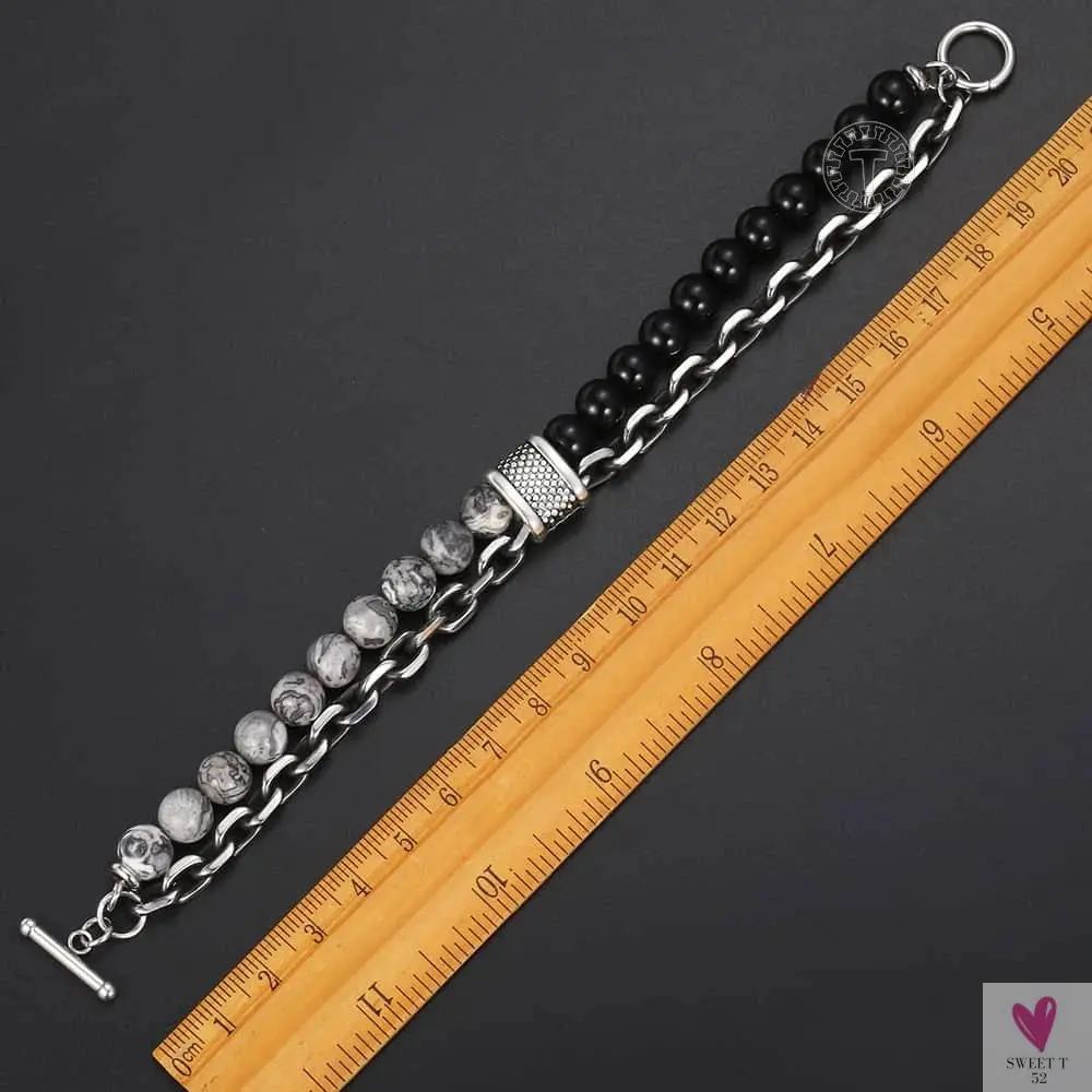 Natural Map Stone Men/Women's Beaded Bracelet, Stainless Steel Bracelets, Unisex Jewelry - Tiger Eyes