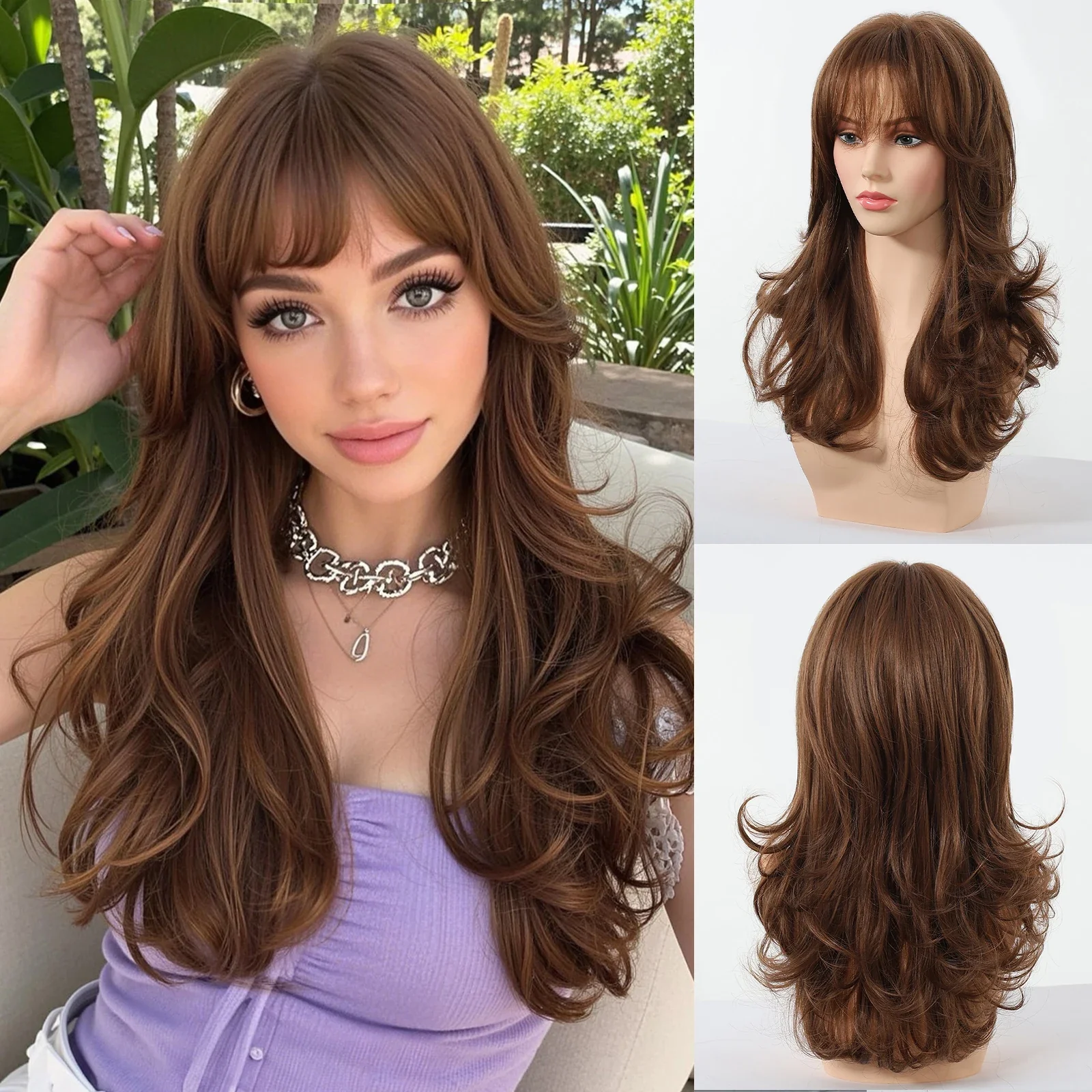 Long Wavy Synthetic Wigs, Long Wavy Ombre Wigs with Bangs for Women, Heat Resistant