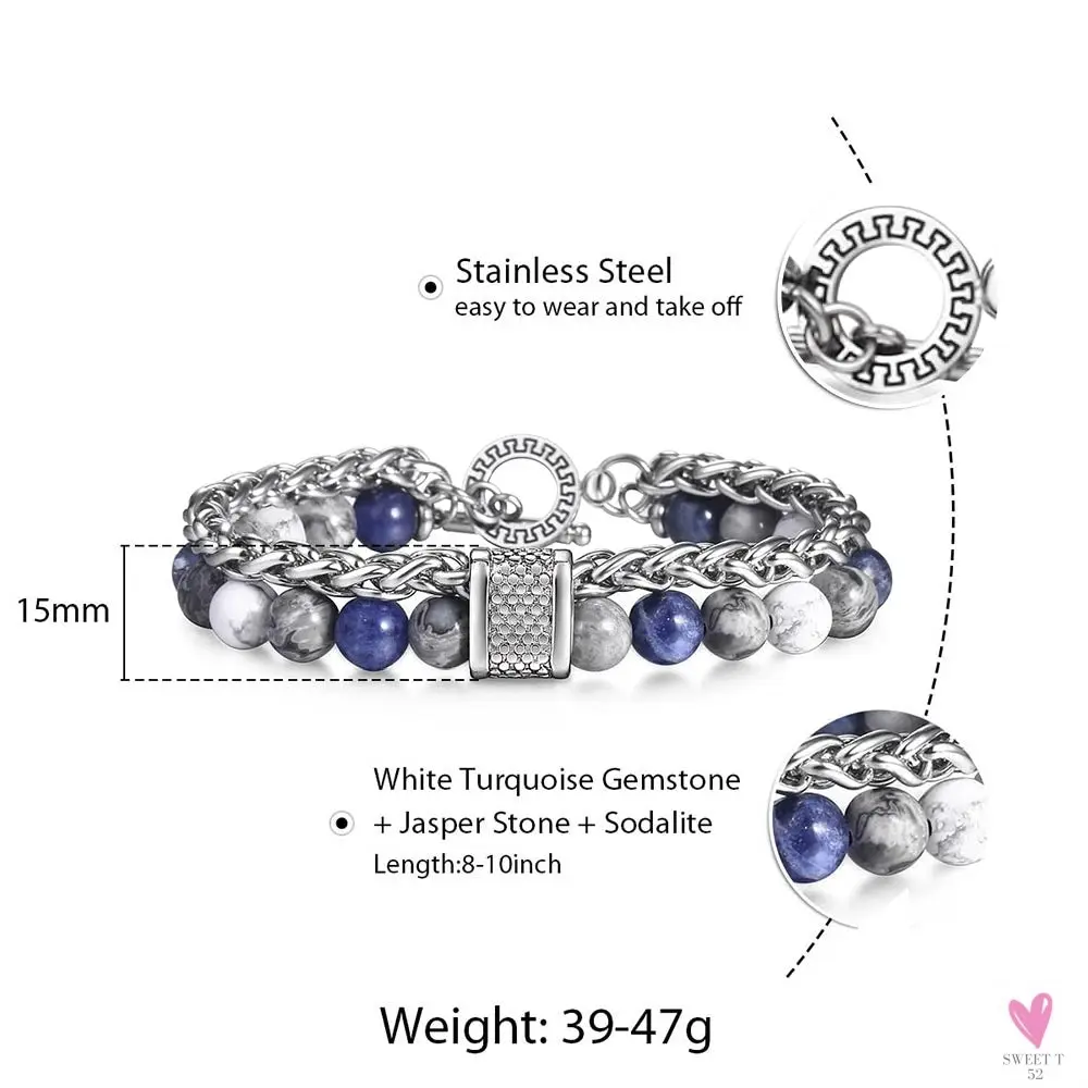 Natural Map Stone Men/Women's Beaded Bracelet, Stainless Steel Bracelets, Unisex Jewelry - Tiger Eyes