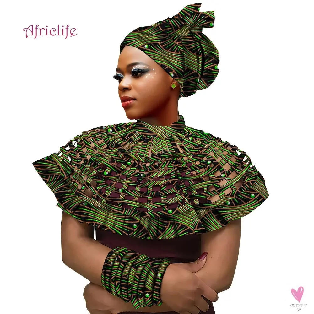African Ankara Shawl Collar for Women & Girls - Multi Strand Net Necklace, 1 Headband and 10 Bracelets