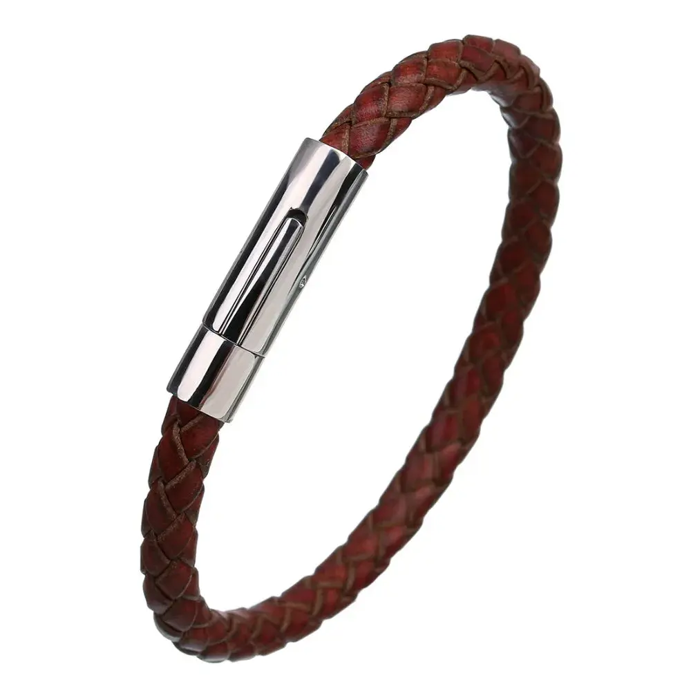 Men's Multicolor Stainless Steel Button Leather Bracelet - Braided Leather, Magnetic Clasp. Chain Link Type.