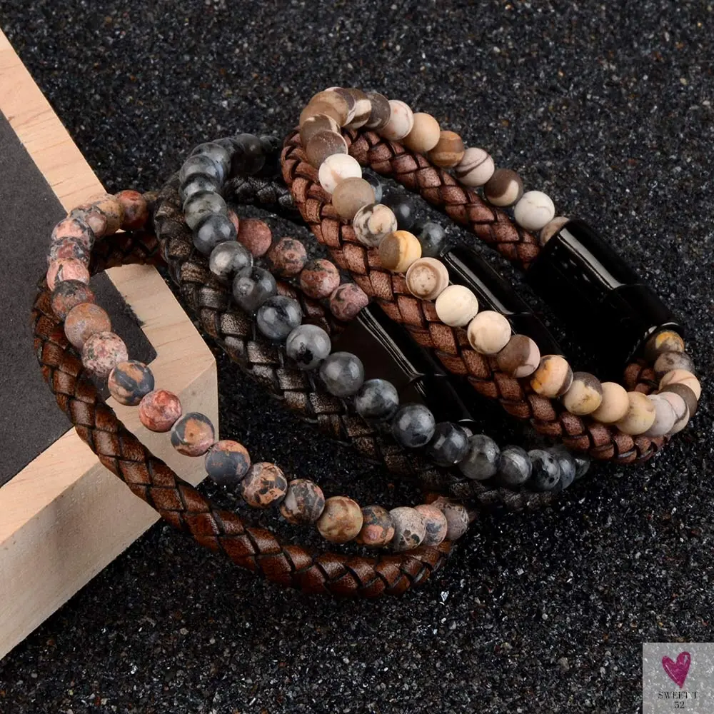 Round/Natural Stone/Genuine Leather/Tiger Eye Beads Bracelet for Men and Women with Magnetic Stainless Steel Clasp