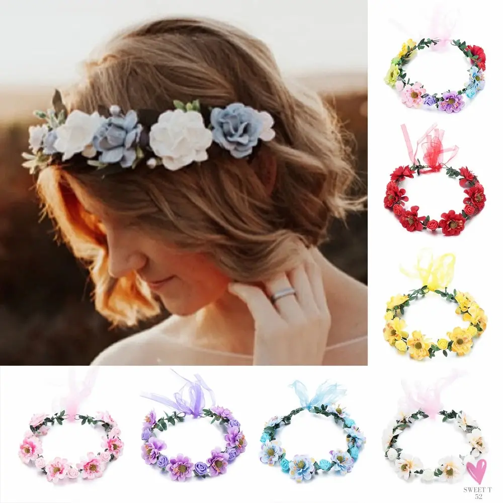 Rustic Wedding/Bridesmaid Hair Accessories - 1 pc Women's Floral Wreath, Pink Rose Flower Garland Headpiece with Adjustable Ribbon