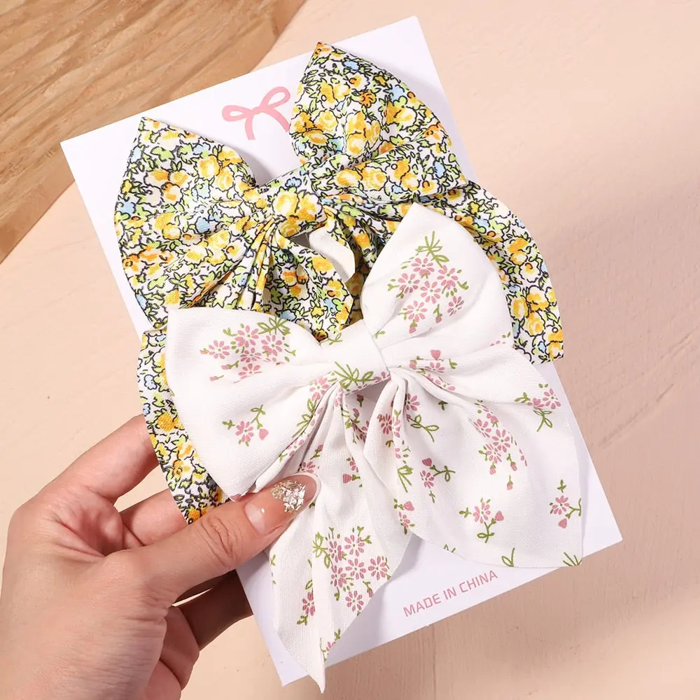 Cute Multi-Patterned and Solid Color Hair Bows/Clips for Girls in a 2 Piece Set