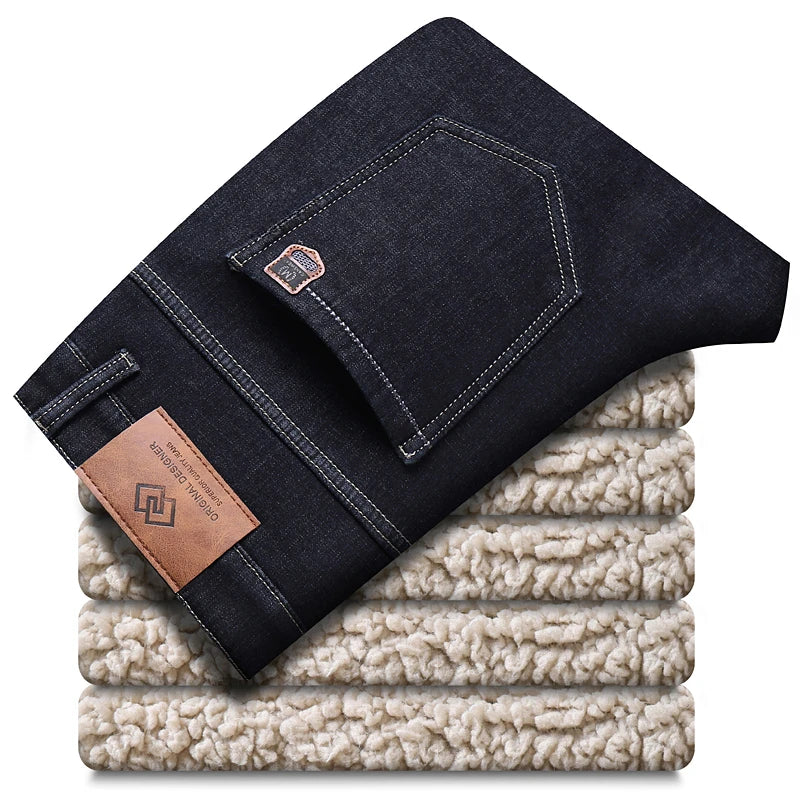Men's Fleece Thick Sherpa Jeans, Business Casual, Straight Denim Pants, Male Wool Plush Classic Stretch Trousers