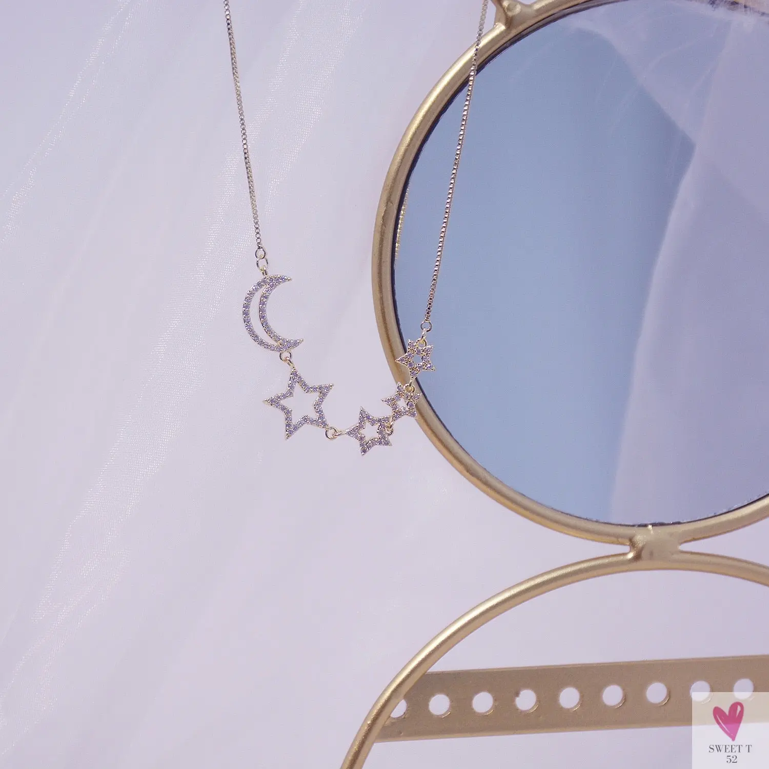 14k Gold Plated Pierced Zircon Star/Moon Necklace for Women and Girls - Shiny Chain Pendant Jewelry