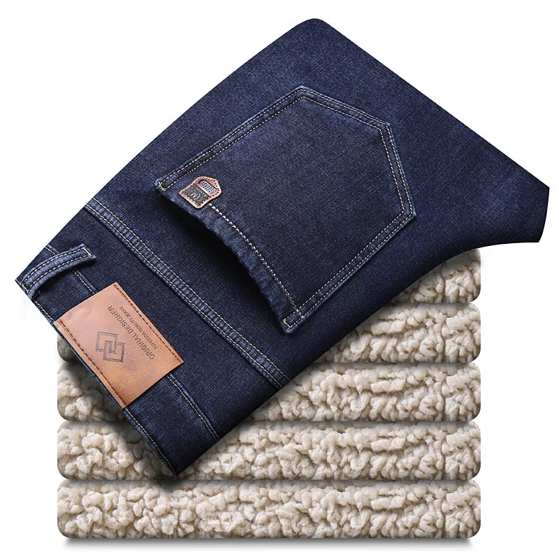 Men's Fleece Thick Sherpa Jeans, Business Casual, Straight Denim Pants, Male Wool Plush Classic Stretch Trousers