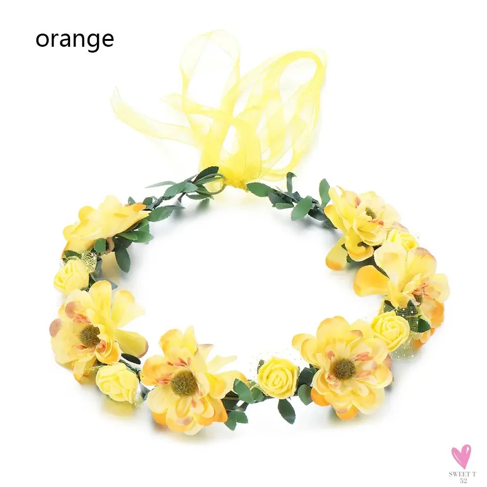 Rustic Wedding/Bridesmaid Hair Accessories - 1 pc Women's Floral Wreath, Pink Rose Flower Garland Headpiece with Adjustable Ribbon