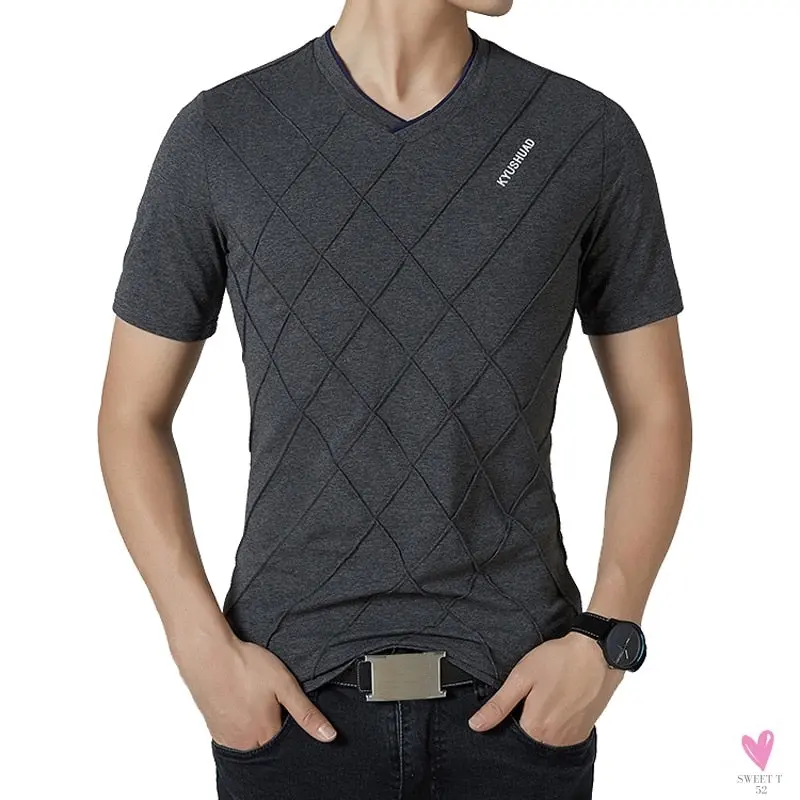V-Neck Men's Cotton/Spandex Tee in Rhombic Pattern, Plus Sizes