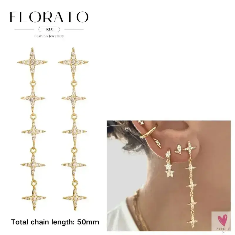 925 Sterling Silver Long Chain Tassel Drop Earrings for Women - Crystal Zircon Star Perforation Earrings, Fine Jewelry