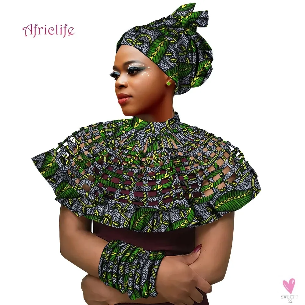 African Ankara Shawl Collar for Women & Girls - Multi Strand Net Necklace, 1 Headband and 10 Bracelets