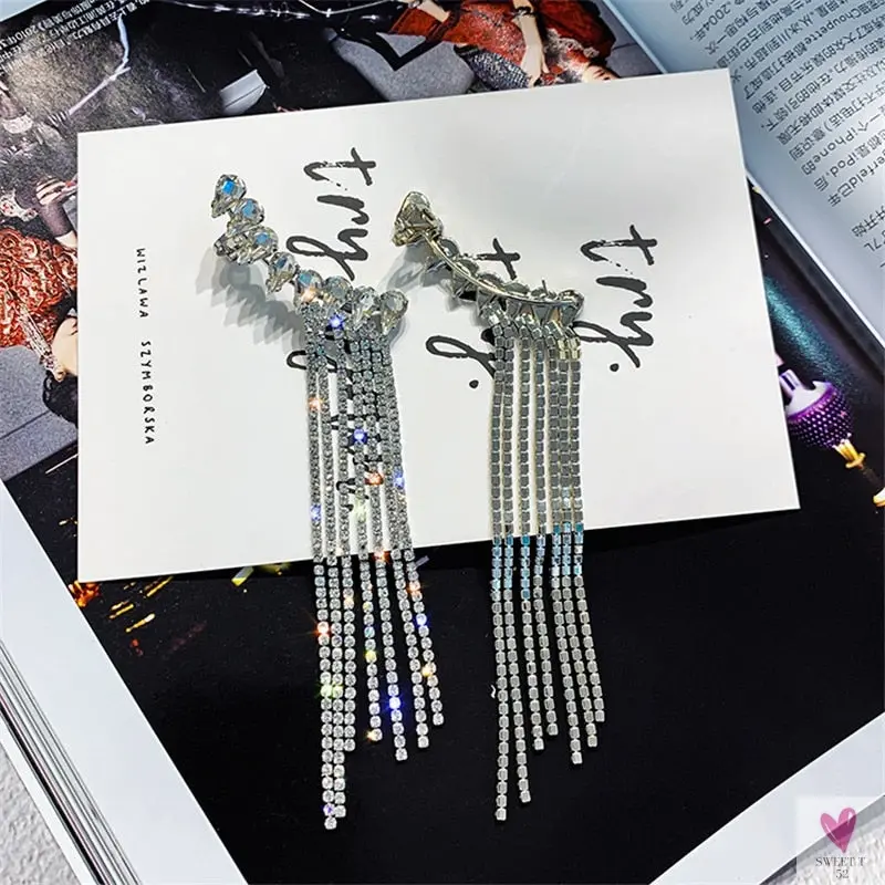 Long Tassel Rhinestone/Crystal Drop/Dangle Earrings for Women and Girls in Gold and Silver - Fashion Jewelry