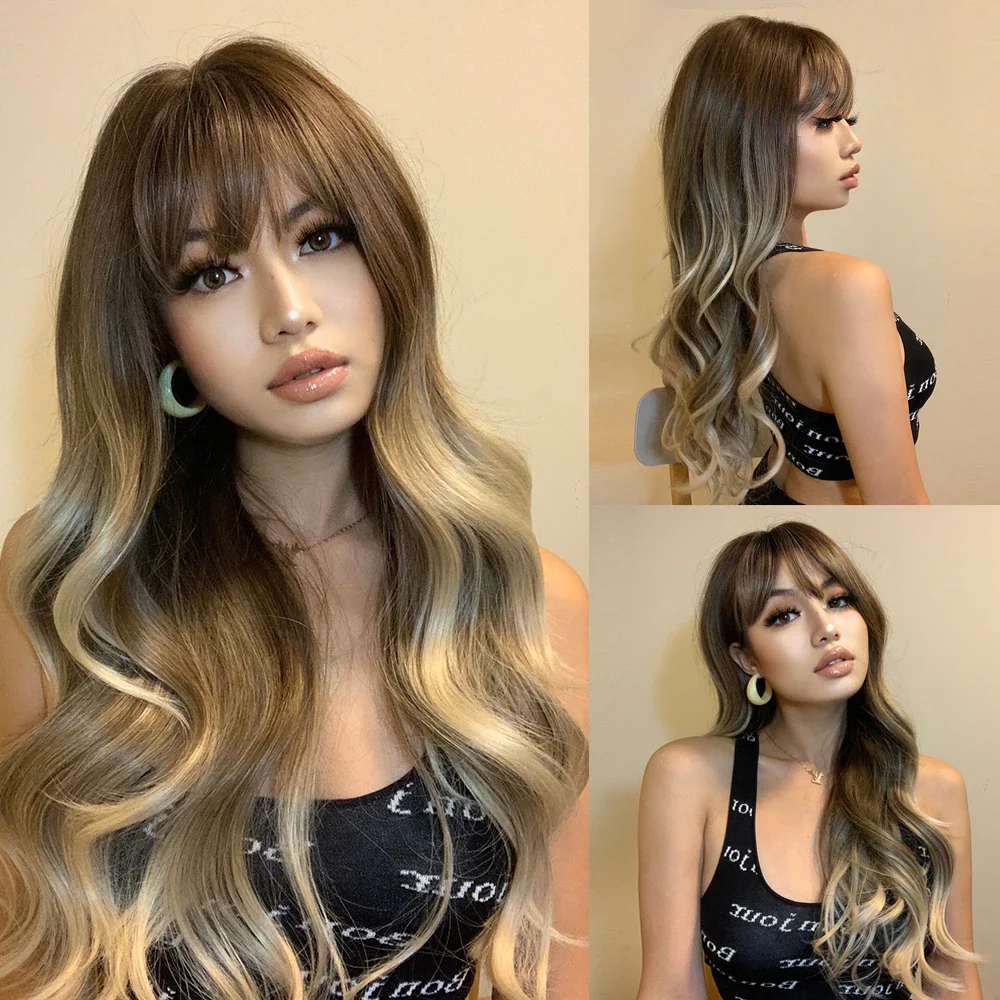 Long Wavy Synthetic Wigs, Long Wavy Ombre Wigs with Bangs for Women, Heat Resistant