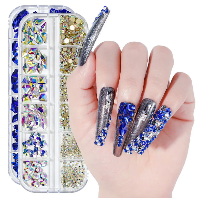 12 Gird Box Multi-Size AB/Colorful Non-Hotfix Rhinestones, Flatback Crystal, Diamond Gems, 3-D Glitter Nail Art - Luxurious Decorations