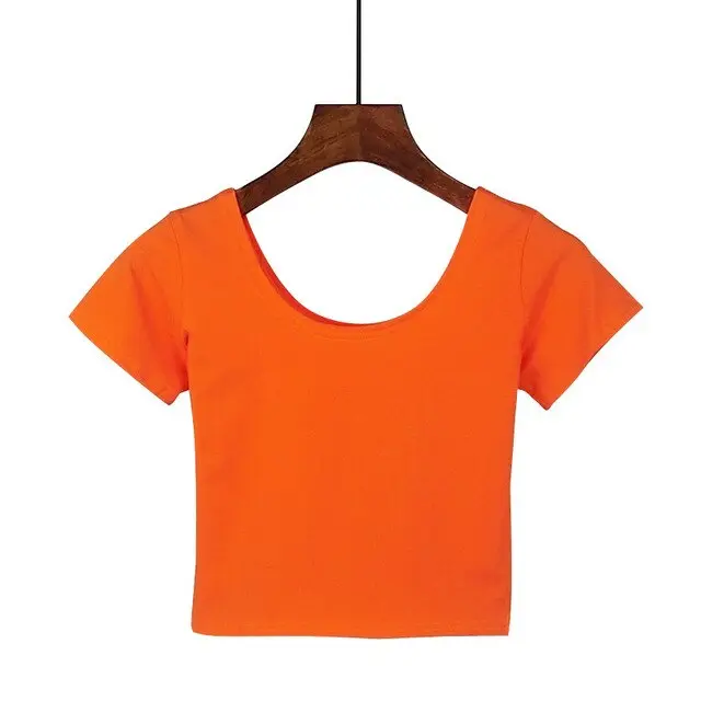 Women's U-Neck Crop Top T-Shirt in Solid Colors With Spandex