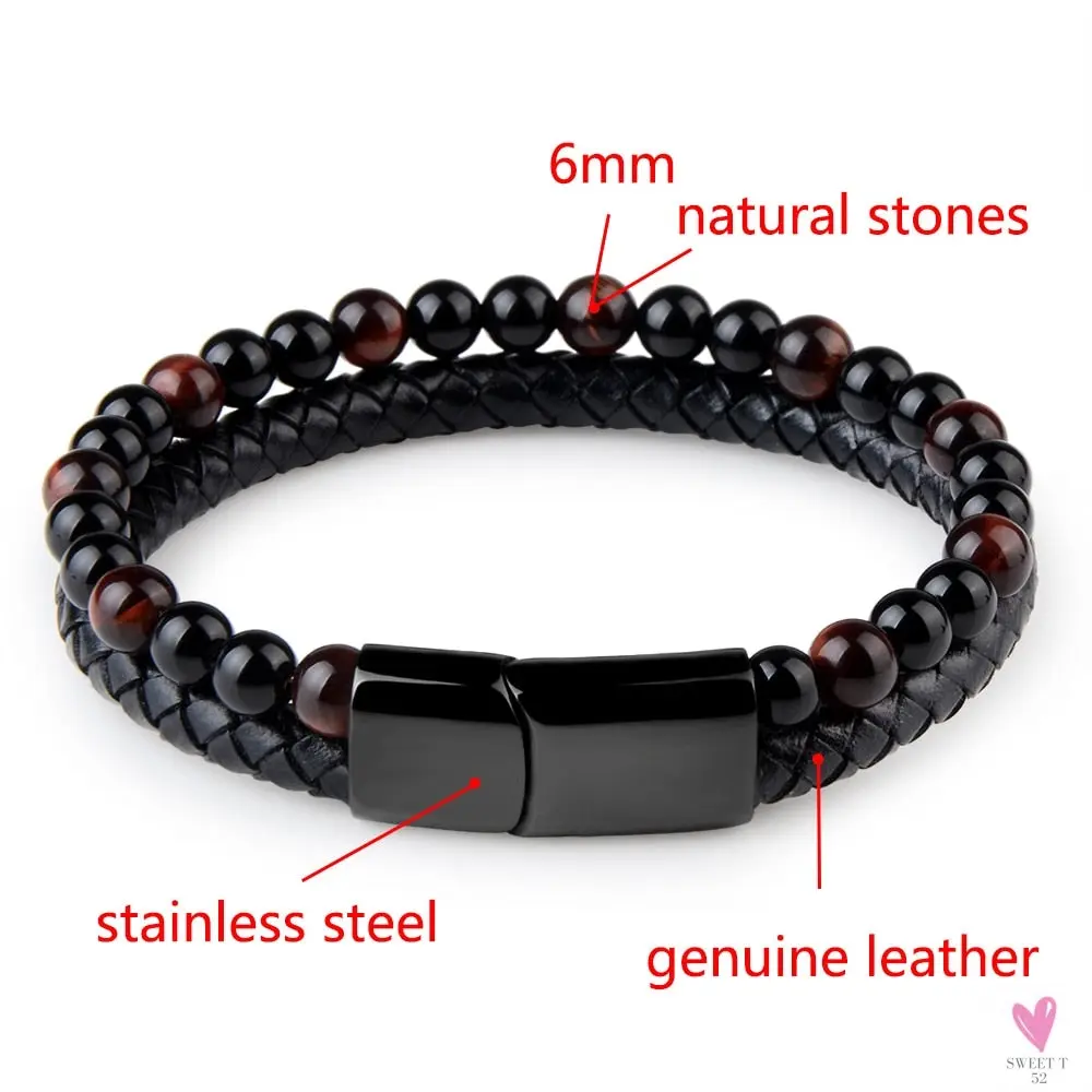 Round/Natural Stone/Genuine Leather/Tiger Eye Beads Bracelet for Men and Women with Magnetic Stainless Steel Clasp