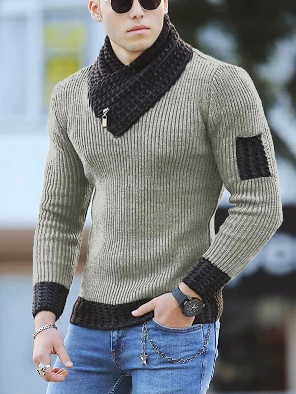 Men's High Collar Long Sleeve Sweater, Trendy Color-Block Knitted Shirt, Casual Wear, Comfortable and Soft