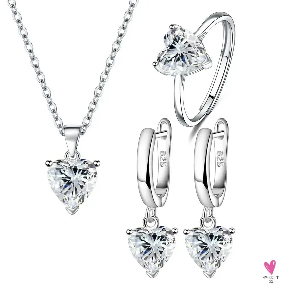925 Sterling Silver Jewelry Sets For Women & Girls - Heart Zircon Ring, Earrings and Necklace (Copy)