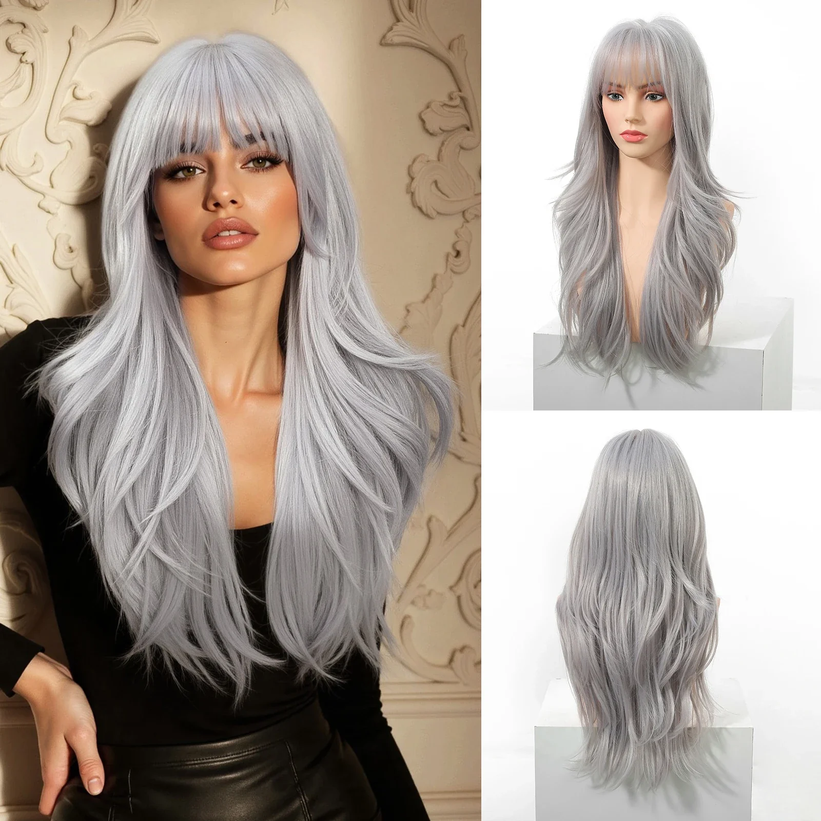 Long Wavy Synthetic Wigs, Long Wavy Ombre Wigs with Bangs for Women, Heat Resistant
